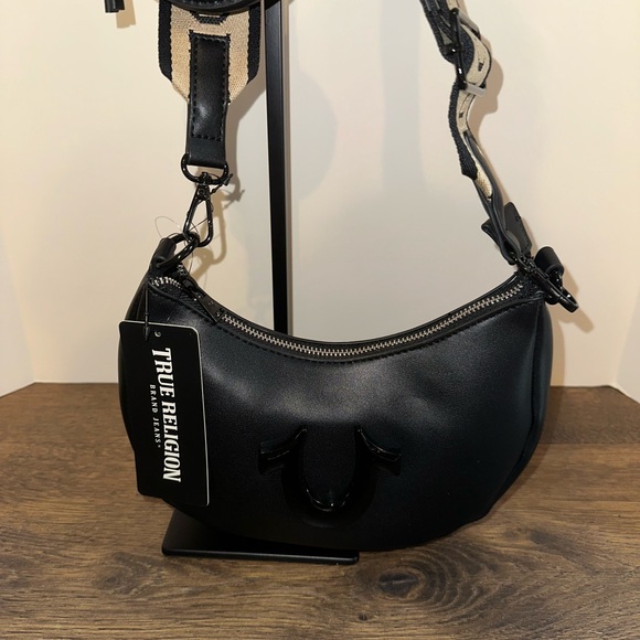 NWT True Religion Black and Tan Crossbody Bag with coin purse and guitar strap. - Picture 4 of 11